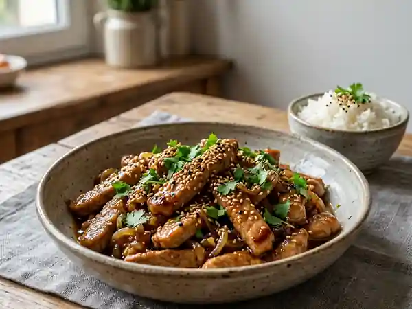 Émincé de porc caramélisé au miel et sésame - Photo de présentation