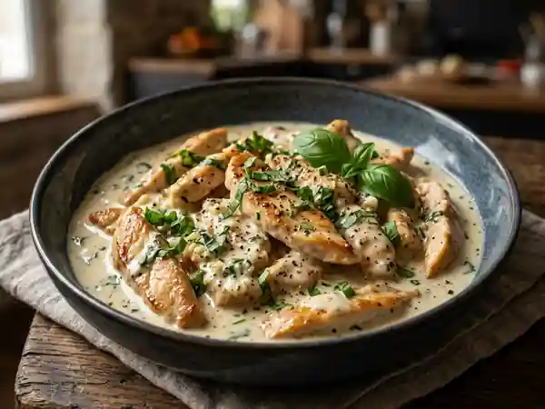Émincé de poulet à la sauce basilic fraîche et parfumée - Photo de présentation