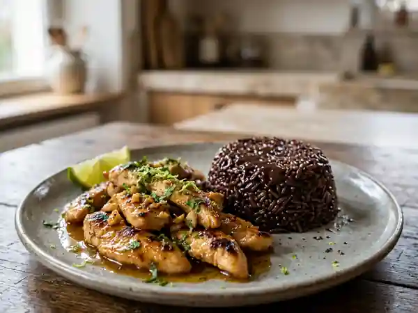 Émincé de poulet au citron vert et son riz au chocolat amer - Photo de présentation