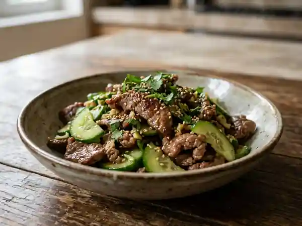 Wok de bœuf gingembre et concombre croquant - Photo de présentation