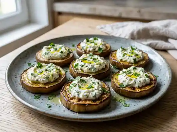 Bouchées d'aubergines fondues au fromage frais - Photo de présentation