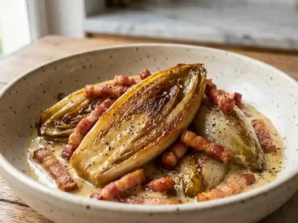 Endives braisées, lardons fumés et crème - Photo de présentation