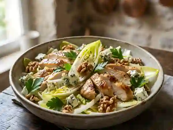 Endives croquantes, poulet doré et bleu fondant - Photo de présentation