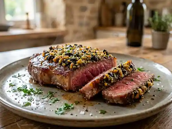 Entrecôte en croûte d'olives noires : recette gourmande et savoureuse - Photo de présentation