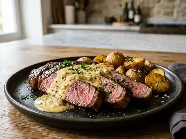 Entrecôte juteuse à la crème de moutarde - Photo de présentation