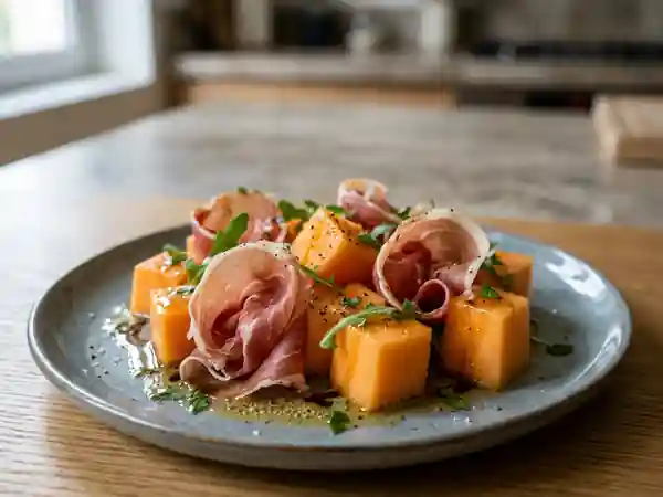 Entrée fraîche melon et jambon cru, vinaigrette au miel facile et rapide - Photo de présentation