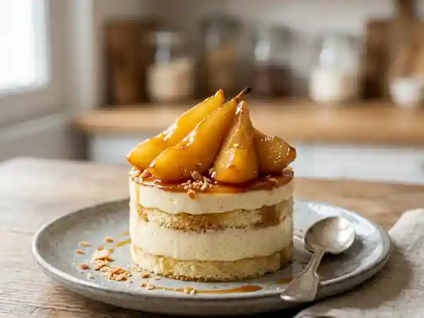 Entremets gourmand aux poires caramélisées et crème légère vanillée - Photo de présentation