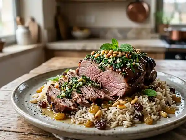 Épaule d'agneau fondante à la menthe avec riz aux raisins et pignons - Photo de présentation