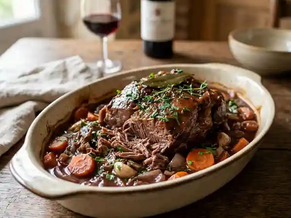 Épaule de veau mijotée au vin rouge, recette traditionnelle savoureuse - Photo de présentation