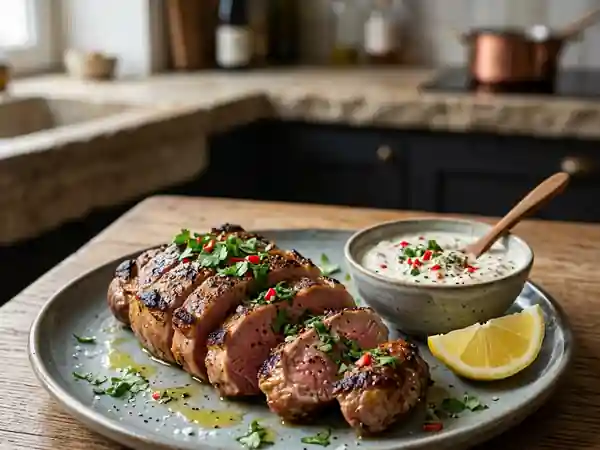 Épigramme d'agneau grillé à la sauce épicée maison - Photo de présentation