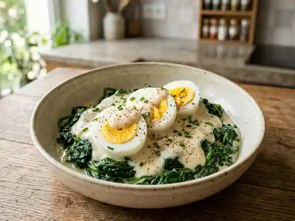 Épinards à la béchamel et œufs durs fondants - Photo de présentation