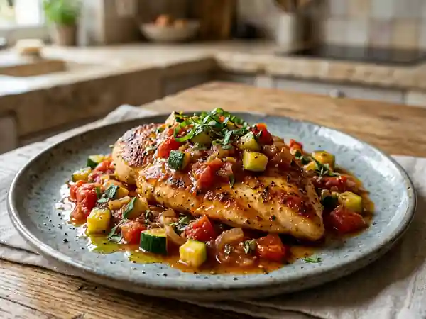 Escalope fondante, sauce tomate et courgette - Photo de présentation