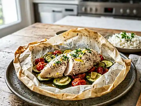 Escalope de poulet en papillote savoureuse et légère - Photo de présentation