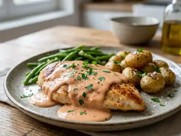 Escalope de poulet nappée de sauce rose crémeuse - Photo de présentation