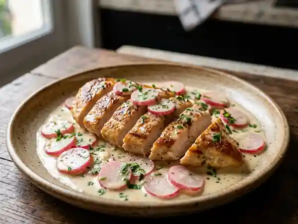 Escalope de volaille tendre aux radis roses croquants et sauce légère - Photo de présentation