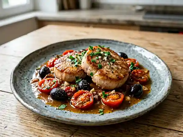 Escalopes de dinde tendres, olives et tomates - Photo de présentation