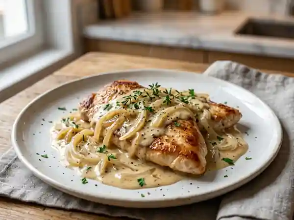 Escalopes de dinde à la crème d'oignons fondante - Photo de présentation