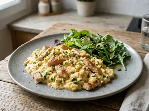 Escalopes de dinde en brouillade d'œufs crémeuse - Photo de présentation