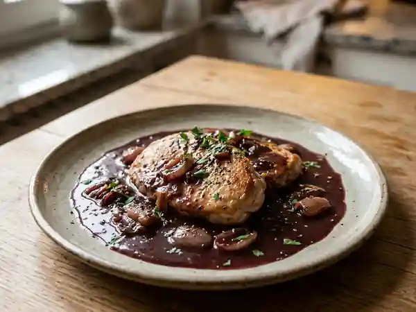 Escalopes de dinde fondantes au vin rouge, sauce gourmande - Photo de présentation