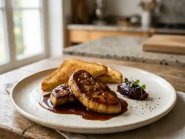 Escalopes de foie gras de canard poêlées à la sauce berabeka - Photo de présentation