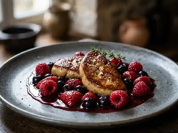 Escalopes de foie gras poêlées aux fruits rouges frais et sauce gourmande - Photo de présentation