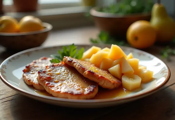 Escalopes de porc dorées et compote de fruits ensoleillée