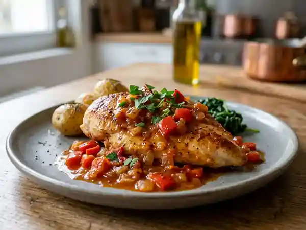 Escalopes de poulet à la sauce portugaise savoureuse - Photo de présentation
