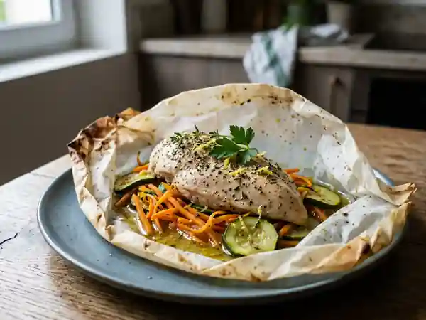 Escalopes de poulet en papillote savoureuses et légères - Photo de présentation