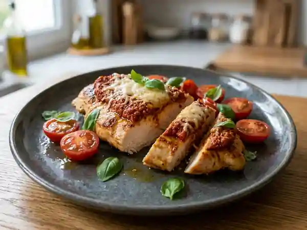 Escalopes de poulet savoureuses au pesto rouge maison - Photo de présentation