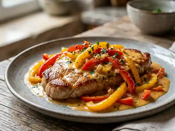Escalopes de veau et fondue de poivrons crémeuse - Photo de présentation