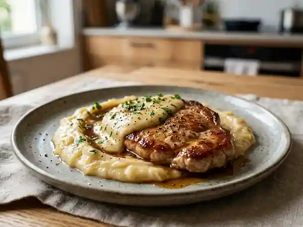 Escalopes de veau fondantes accompagnées d'une purée d'oignons onctueuse - Photo de présentation