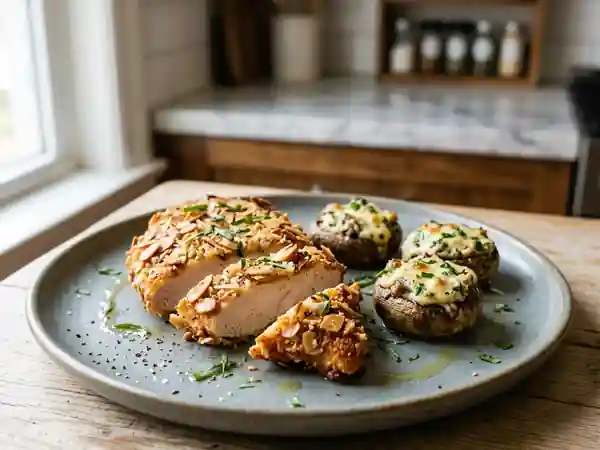 Escalopes panées aux amandes, parmesan et estragon accompagnées de champignons farcis savoureux - Photo de présentation