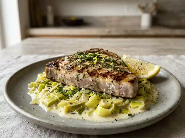 Espadon grillé sur lit fondant de poireaux à la crème - Photo de présentation