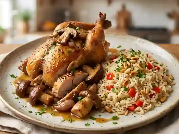 Faisan rôti aux cèpes et riz croquant - Photo de présentation