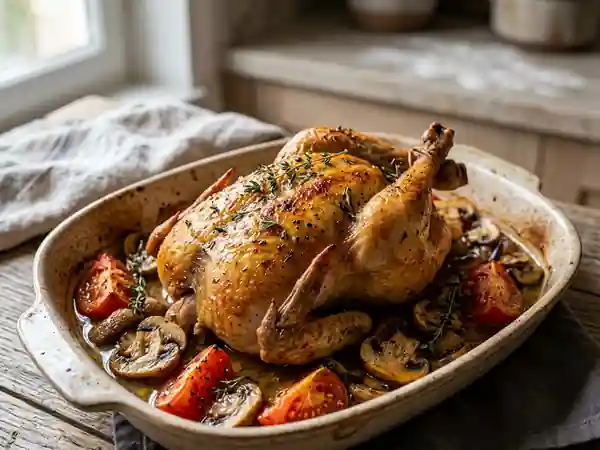 Faisan doré aux champignons et tomates charnues - Photo de présentation