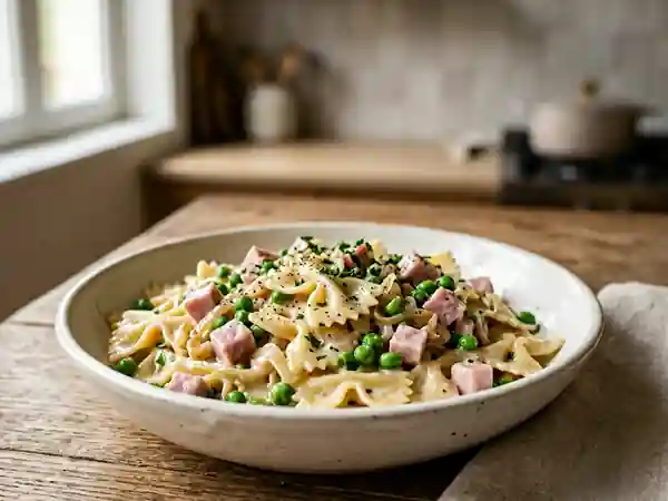 Farfalles crémeuses au jambon et petits pois : recette facile et rapide - Photo de présentation