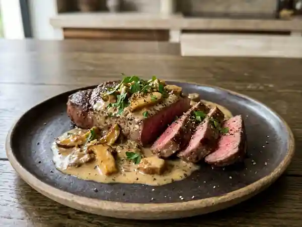 Faux-filet poêlé et crème de cèpes forestiers - Photo de présentation