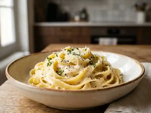 Fettuccine soyeuses au parmesan et ail fondu - Photo de présentation