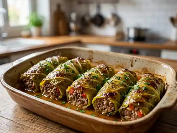 Feuilles de blettes farcies à la viande hachée et riz parfumé - Photo de présentation