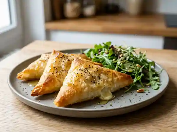 Feuilles de brick croustillantes au chèvre chaud et miel - Photo de présentation