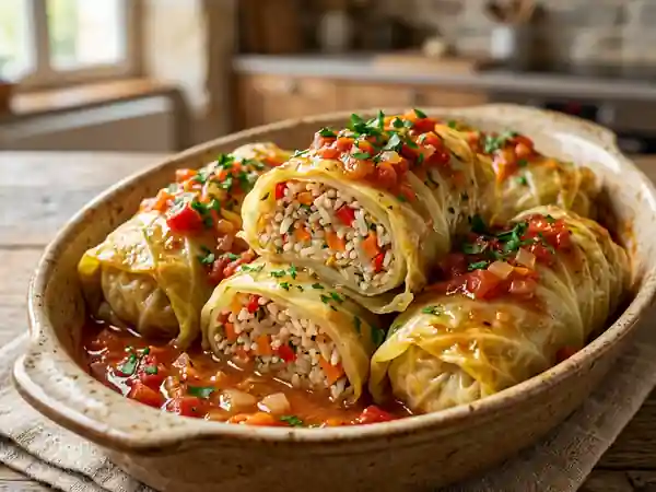 Chou farci fondant au riz et petits légumes - Photo de présentation