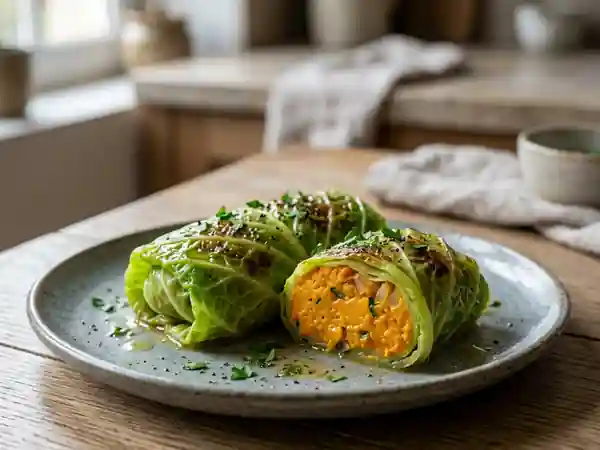 Feuilles de chou vert farcies à la purée de carottes savoureuse - Photo de présentation
