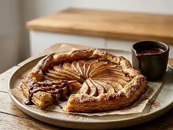 Feuilleté gourmand aux poires, cannelle et sauce chocolat chaud - Photo de présentation