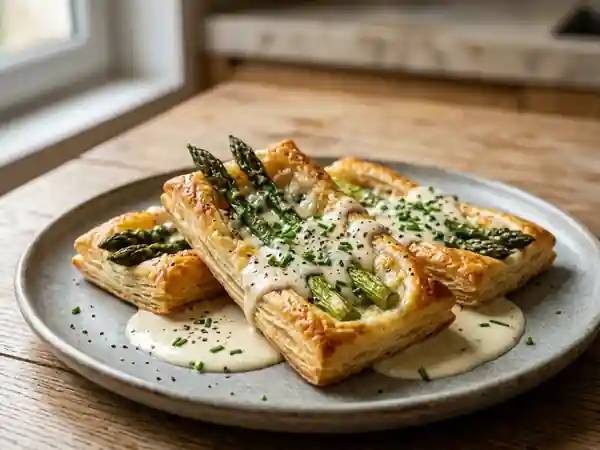 Feuilletés croustillants aux asperges vertes et sauce onctueuse au Roquefort - Photo de présentation