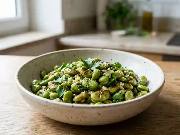 Fèves nouvelles sautées à l'ail et persil - Photo de présentation