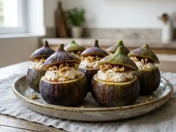 Figues fondantes au fromage frais, miel et noix - Photo de présentation