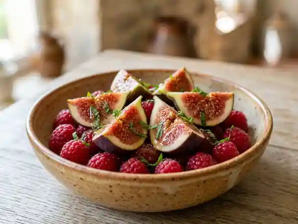 Figues fraîches sur lit de framboises : dessert fruité et gourmand - Photo de présentation