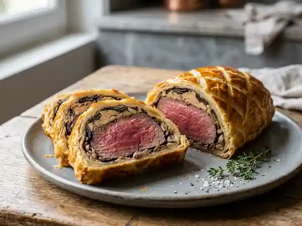 Filet de bœuf en croûte au foie gras et truffes : recette gastronomique raffinée - Photo de présentation