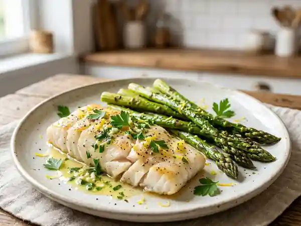 Cabillaud fondant et asperges vertes au citron - Photo de présentation