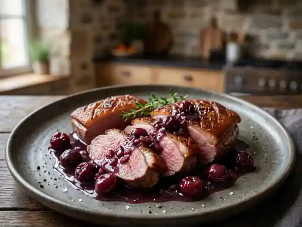 Filet de canard rôti aux griottes acidulées - Photo de présentation